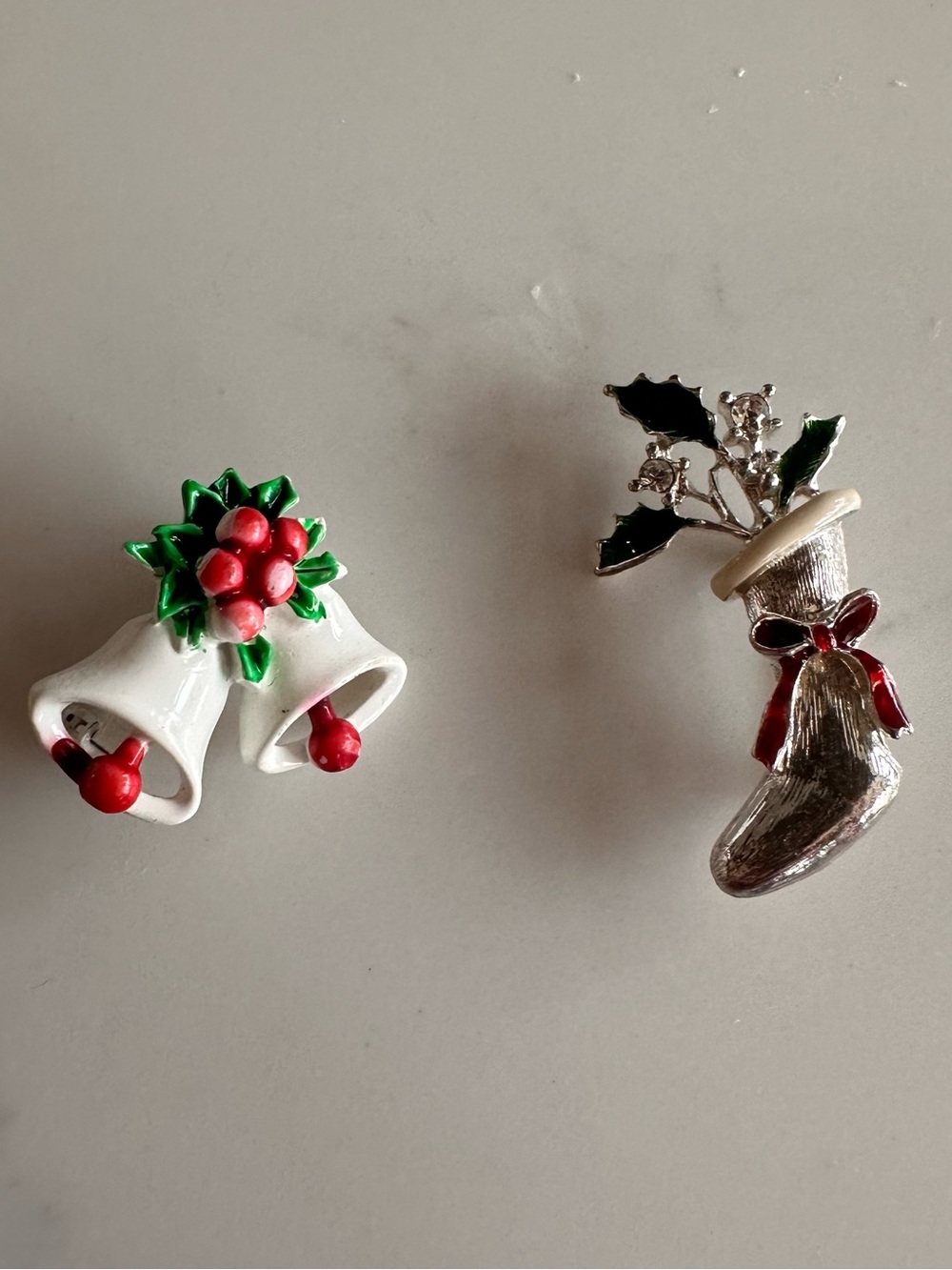 Holiday Brooch  Pin Set - White Bells & Silver Stocking